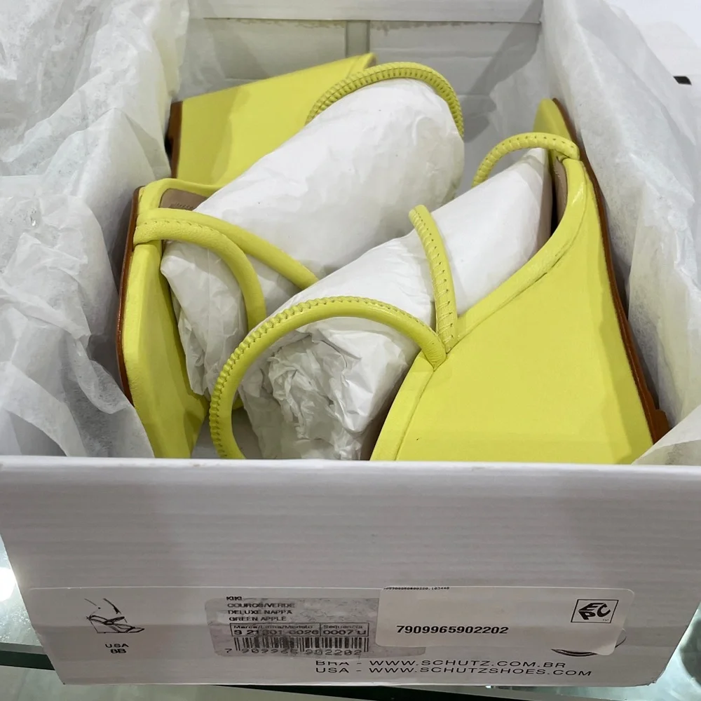 NIB SCHUTZ chartreuse LEATHER strappy wedge sandals lime apple zesty yellow 6.5 - Picture 16 of 16